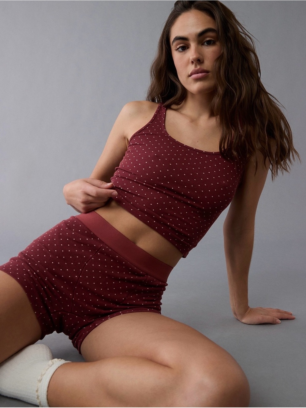 American Eagle Outfitters Burgundy Polka Dot Crop Tank & High-Waist Sleep Shorts